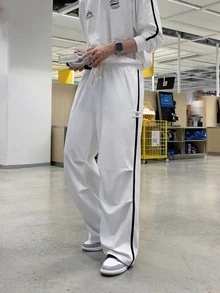 DAZY Spring/Autumn White & Black Patchwork Webbing Pants With Side Seam And Adjustable Belt Loops Men's T-Shirt Set - White - View 6
