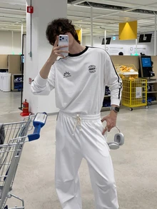 DAZY Spring/Autumn White & Black Patchwork Webbing Pants With Side Seam And Adjustable Belt Loops Men's T-Shirt Set - White - View 5
