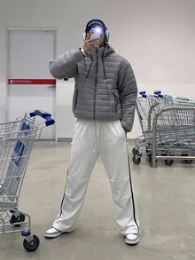 DAZY Spring/Autumn White & Black Patchwork Webbing Pants With Side Seam And Adjustable Belt Loops Men's T-Shirt Set - White - View 7