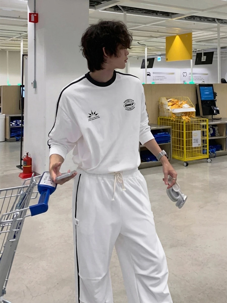 DAZY Spring/Autumn White & Black Patchwork Webbing Pants With Side Seam And Adjustable Belt Loops Men's T-Shirt Set - White - View 1