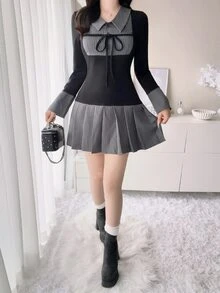 FRIFUL Gaun Pendek Wanita Gaya Korea Baru untuk Awal Musim Gugur, Motif Garis-garis Patchwork, Tali Serut di Bagian Dada, dan Desain Lipit di Bagian Bawah. - Hitam - View 6