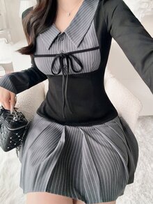 FRIFUL Gaun Pendek Wanita Gaya Korea Baru untuk Awal Musim Gugur, Motif Garis-garis Patchwork, Tali Serut di Bagian Dada, dan Desain Lipit di Bagian Bawah. - Hitam - View 9