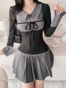 FRIFUL Gaun Pendek Wanita Gaya Korea Baru untuk Awal Musim Gugur, Motif Garis-garis Patchwork, Tali Serut di Bagian Dada, dan Desain Lipit di Bagian Bawah. - Hitam - View 7