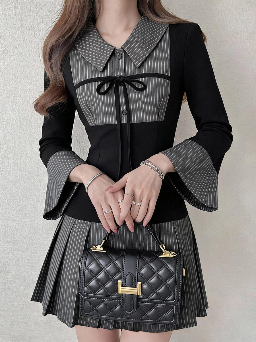 FRIFUL Gaun Pendek Wanita Gaya Korea Baru untuk Awal Musim Gugur, Motif Garis-garis Patchwork, Tali Serut di Bagian Dada, dan Desain Lipit di Bagian Bawah. - Hitam - View 1