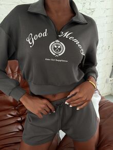 DAZY 2pcs Women's Pajama Set With English Graphic High Neck Short Long Sleeve Sweatshirt And Short Pajama Pants - Light Grey - View 4