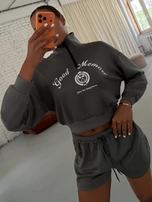 DAZY 2pcs Women's Pajama Set With English Graphic High Neck Short Long Sleeve Sweatshirt And Short Pajama Pants - Light Grey - View 7