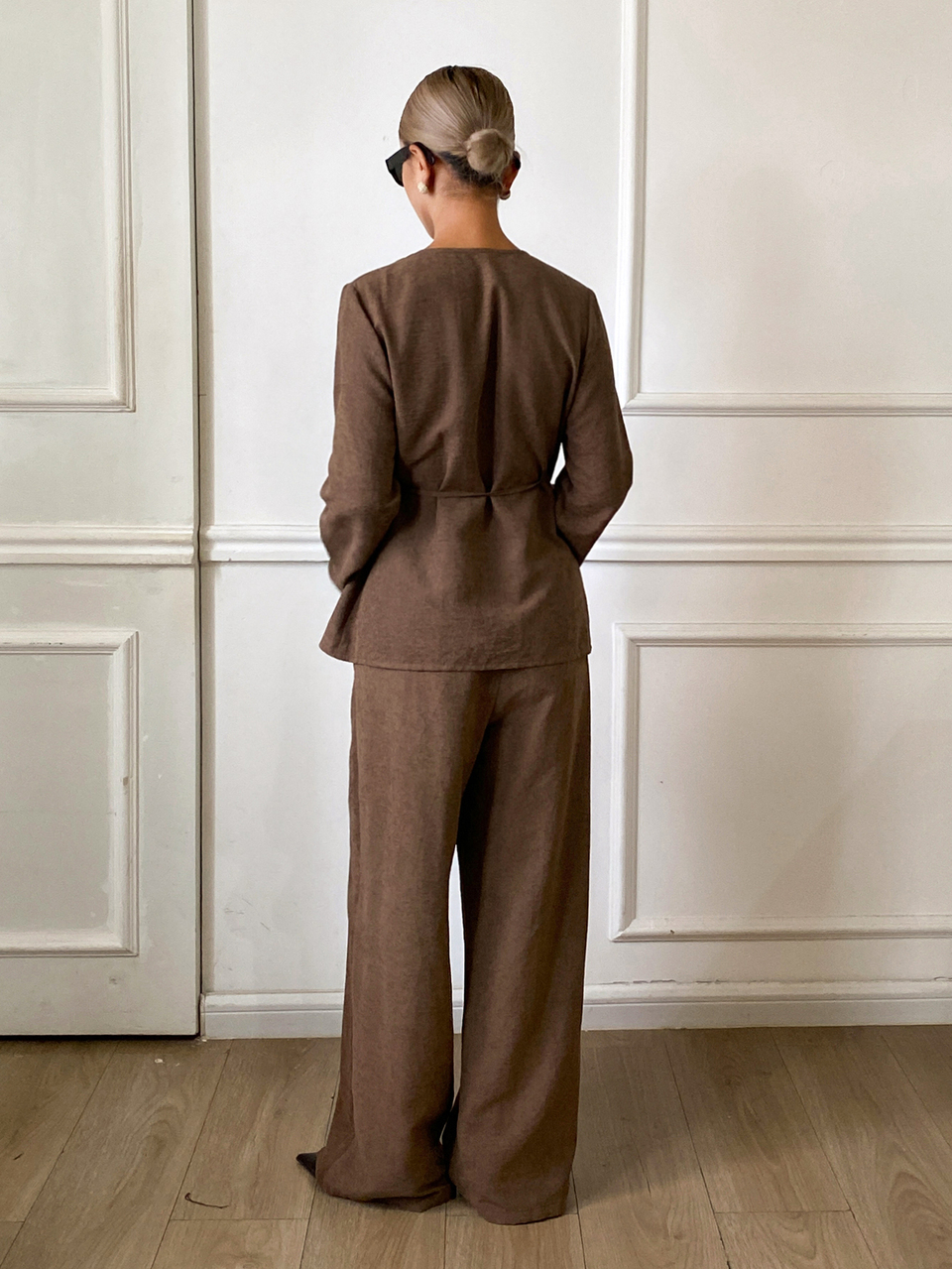 Solid Color Asymmetrical Tie Front Long Sleeve V-Neck Blouse & Straight Leg Elastic Waist Pants Elegant Vacation Spring Autumn 2-Piece Set For Women