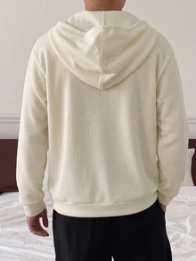 DAZY Off-White 男士純色長袖連帽 V 領帽 T 恤 秋季款 - 白色 - 查看 2