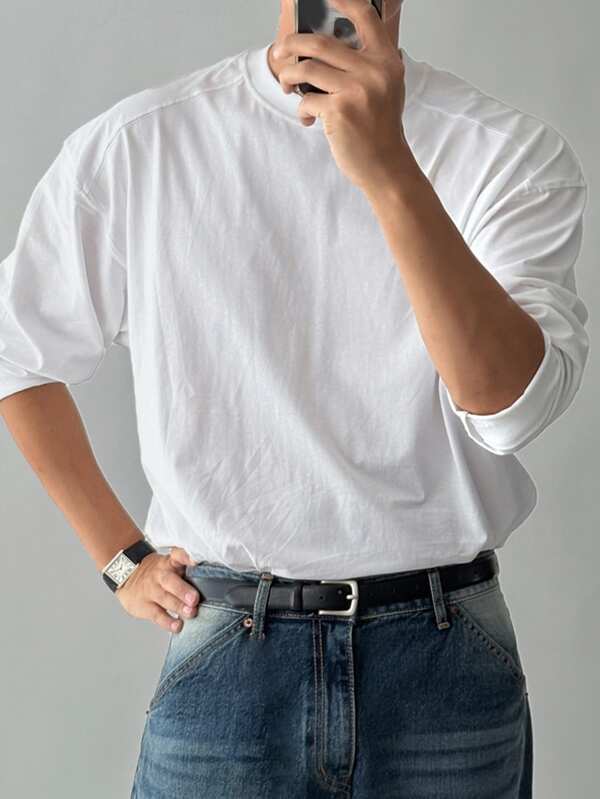 DAZY Spring/Autumn Long Sleeve Patchwork Shoulder Panel Double Needle Stitch Heavy Duty Men's T-Shirt