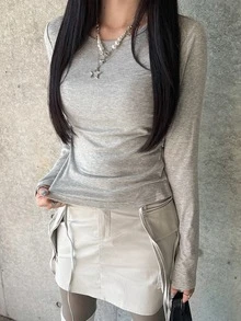 FRIFUL Kaos Kasual Wanita Lengan Panjang Leher Bulat Slim Fit dengan Desain Rhinestone, Atasan yang Lucu - Grey - View 4