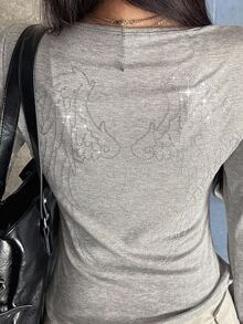 FRIFUL Kaos Kasual Wanita Lengan Panjang Leher Bulat Slim Fit dengan Desain Rhinestone, Atasan yang Lucu - Grey - View 1