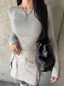 FRIFUL Kaos Kasual Wanita Lengan Panjang Leher Bulat Slim Fit dengan Desain Rhinestone, Atasan yang Lucu - Grey - View 6