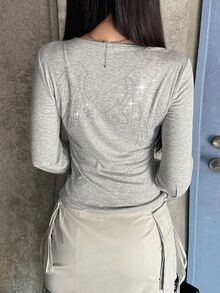 FRIFUL Kaos Kasual Wanita Lengan Panjang Leher Bulat Slim Fit dengan Desain Rhinestone, Atasan yang Lucu - Grey - View 9