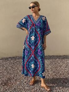 DAZY Floral Print Batwing Sleeve Sleep Dress - Purple - View 5