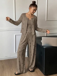 DAZY 3件套蝴蝶结印花开衫、吊带背心和裤子女士睡衣套装，秋季款 - 卡其色 - 查看 5