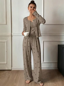DAZY 3件套蝴蝶结印花开衫、吊带背心和裤子女士睡衣套装，秋季款 - 卡其色 - 查看 3