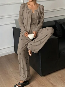DAZY 3件套蝴蝶结印花开衫、吊带背心和裤子女士睡衣套装，秋季款 - 卡其色 - 查看 4