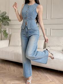 Livesso Women's Vest & Long Pants Denim Set - Blue - View 3