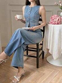 Livesso Women's Vest & Long Pants Denim Set - Blue - View 4
