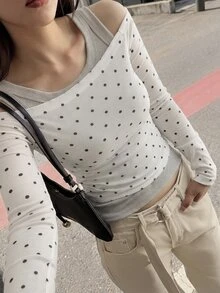 DAZY Polka Dot Mesh Fitted Short Off-Shoulder Long Sleeve Elegant Sexy Vacation Spring Autumn Women's Top - White - View 3