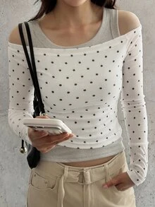 DAZY Polka Dot Mesh Fitted Short Off-Shoulder Long Sleeve Elegant Sexy Vacation Spring Autumn Women's Top - White - View 4