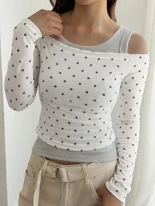 DAZY Polka Dot Mesh Fitted Short Off-Shoulder Long Sleeve Elegant Sexy Vacation Spring Autumn Women's Top - White - View 6