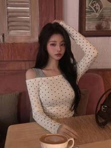 DAZY Polka Dot Mesh Fitted Short Off-Shoulder Long Sleeve Elegant Sexy Vacation Spring Autumn Women's Top - White - View 2