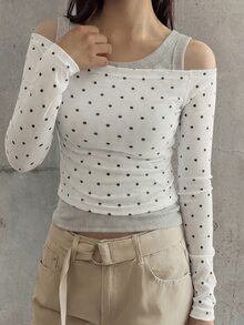 DAZY Polka Dot Mesh Fitted Short Off-Shoulder Long Sleeve Elegant Sexy Vacation Spring Autumn Women's Top - White - View 8