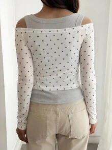 DAZY Polka Dot Mesh Fitted Short Off-Shoulder Long Sleeve Elegant Sexy Vacation Spring Autumn Women's Top - White - View 5