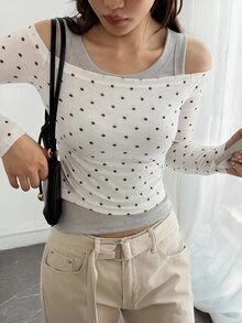DAZY Polka Dot Mesh Fitted Short Off-Shoulder Long Sleeve Elegant Sexy Vacation Spring Autumn Women's Top - White - View 7