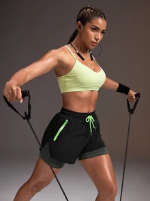 Powerista Women's Black With Grey And Green Contrast Stitching Zipper Pocket Waistband Drawstring 2 In 1 Shorts - Black - View 6