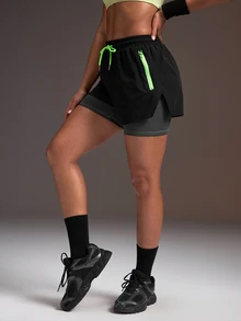 Powerista Women's Black With Grey And Green Contrast Stitching Zipper Pocket Waistband Drawstring 2 In 1 Shorts - Black - View 4