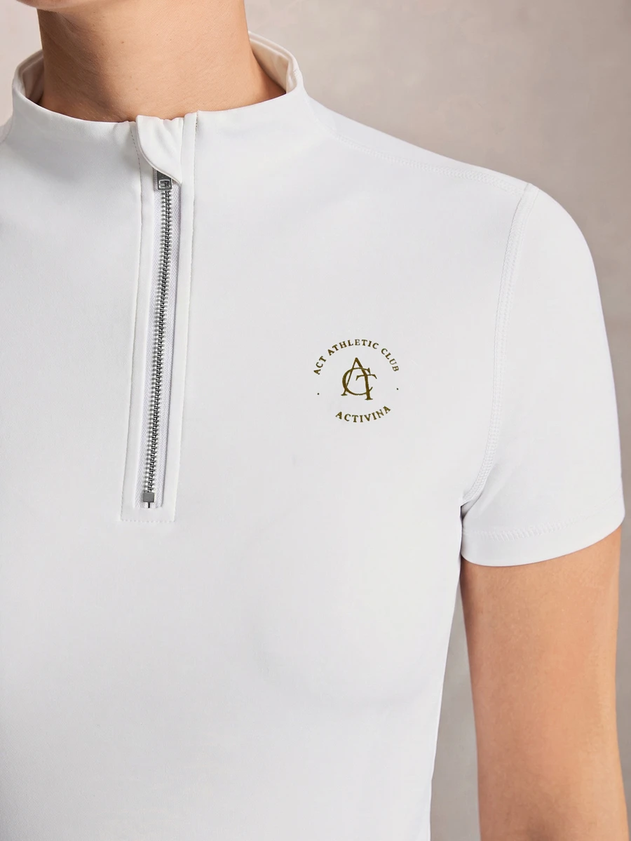 Activina Women's Letter Print Zipper Half-Placket Short Sleeve Equestrian Top - White - View 1