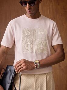 Vientiro Men's Vacation Short Sleeve Palm Tree Hollow Embroidery T-Shirt - Apricot - View 3