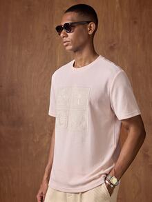 Vientiro Men's Vacation Short Sleeve Palm Tree Hollow Embroidery T-Shirt - Apricot - View 6