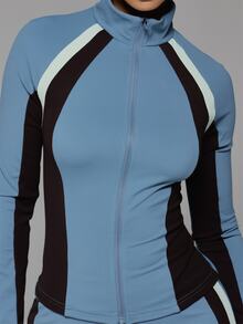 Musera Sport High Neck Zip Through Contrast Colour Panelled Fitted BBL Style Active Jacket Fall Autumn Winter Gym Workout Cute - Aqua Blue - View 6