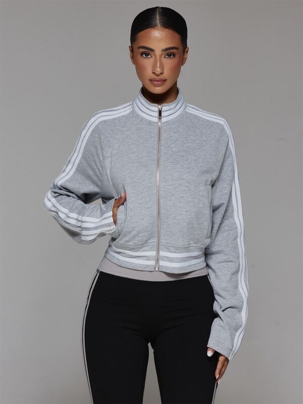Musera Sport Striped High Neck Zip Through Grey Marl Cropped Active Jacket Fall Autumn Winter Gym Workout Cute