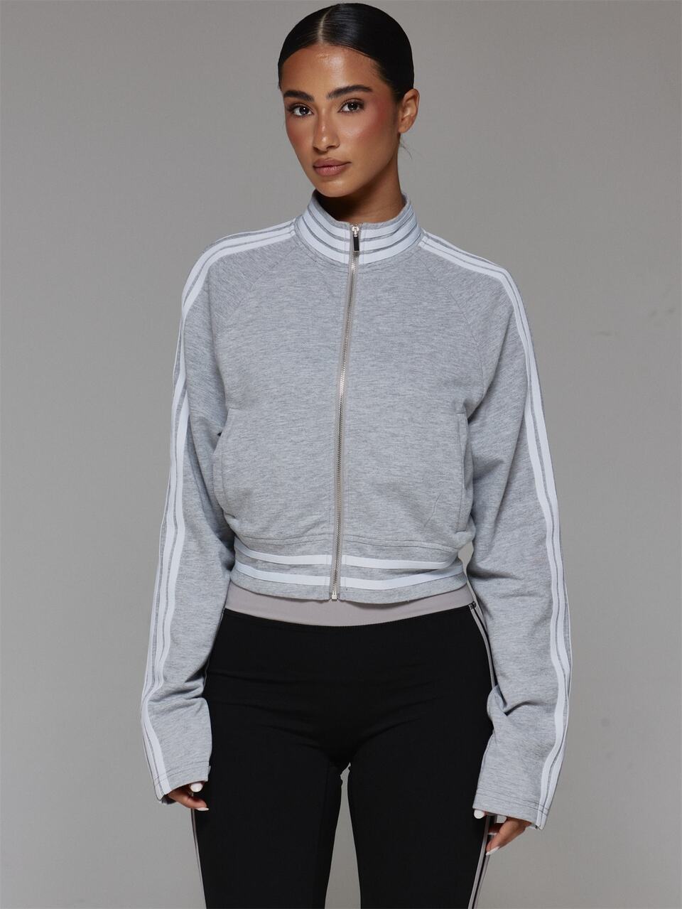 Striped High Neck Zip Through Grey Marl Cropped Active Jacket