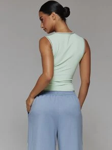 Musera Sport V Neck Contrast Colour Stitch Fitted Active Tank Top Fall Autumn Winter Gym Workout Cute - Mint Green - View 5
