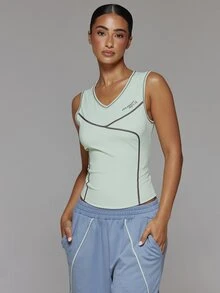 Musera Sport V Neck Contrast Colour Stitch Fitted Active Tank Top Fall Autumn Winter Gym Workout Cute - Mint Green - View 2
