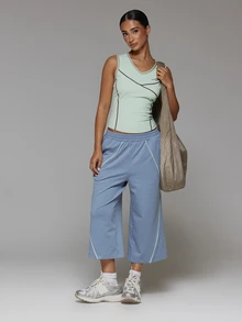 Musera Sport V Neck Contrast Colour Stitch Fitted Active Tank Top Fall Autumn Winter Gym Workout Cute - Mint Green - View 3