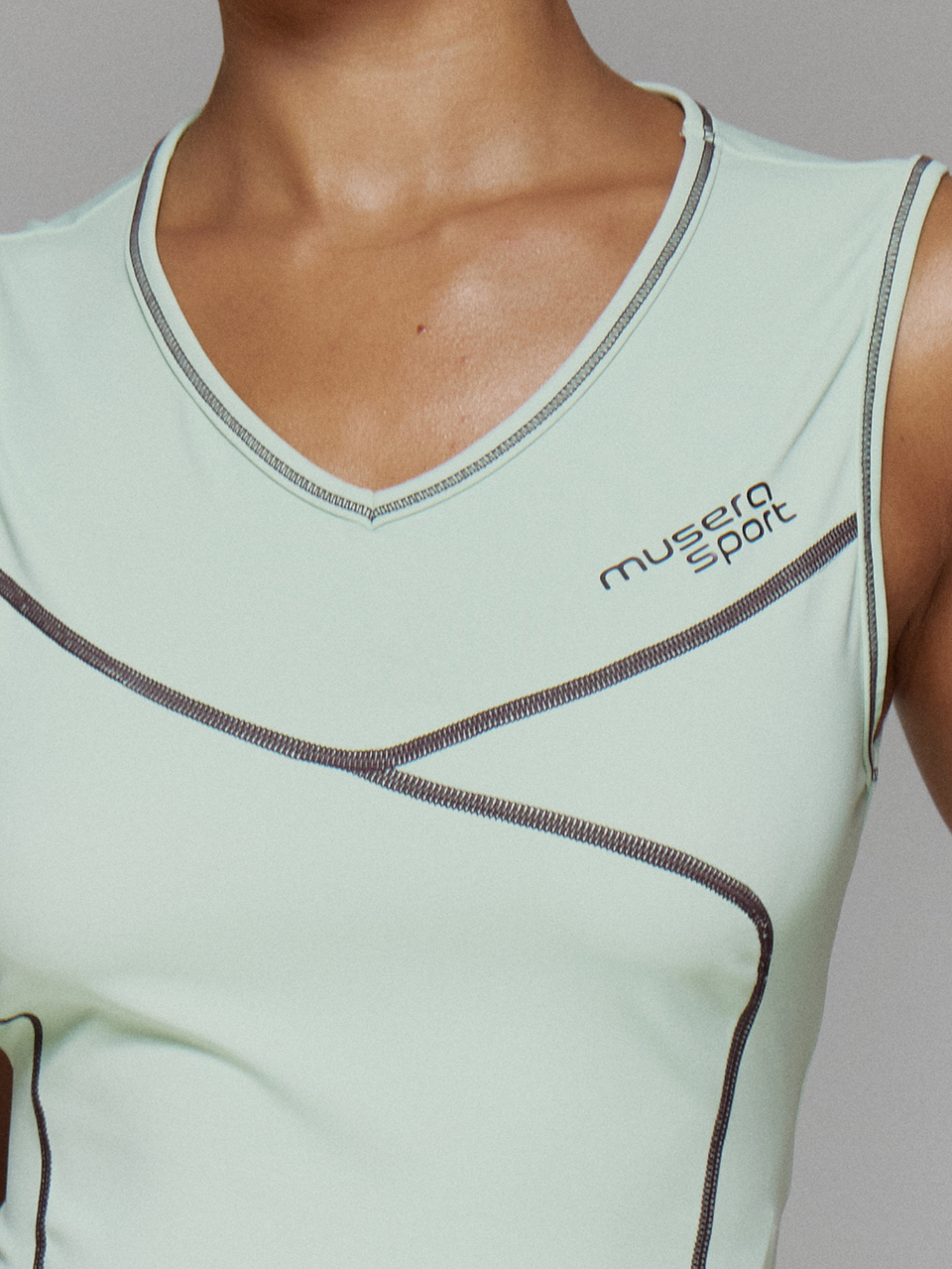 Green V Neck Contrast Colour Stitch Fitted Active Tank Top