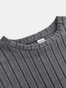 SHEIN 兒童青少年女孩新款法式風落肩羅紋針織T恤與內搭褲兩件套，返校季節慶穿搭，萬聖節秋冬裝 - 深灰色 - 查看 4