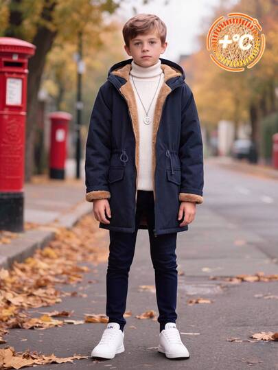 SHEIN Kids Tween Boy Casual Thermal Lined Thick Hooded Jacket, Autumn/Winter, Boys Coats, Winter Coats, Padded Coat, Quilted Coat