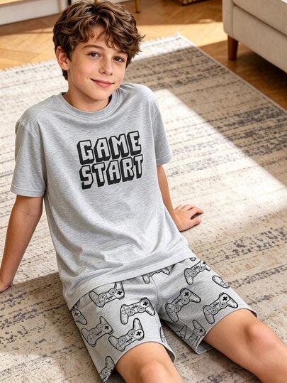 SHEIN Tween Boy Summer Letter Print Short Sleeve T-Shirt And Full Gamepad Print Shorts Tight Pajama Set
