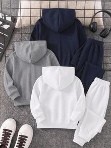 SHEIN 3件組青少年男孩休閒兒童簡約低調華夫格布料長袖連帽半拉鍊秋季運動衫，校園運動風，海軍藍、白色、灰色 - 彩色 - 查看 2