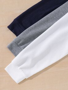 SHEIN 3件組青少年男孩休閒兒童簡約低調華夫格布料長袖連帽半拉鍊秋季運動衫，校園運動風，海軍藍、白色、灰色 - 彩色 - 查看 4