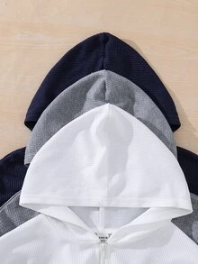 SHEIN 3件組青少年男孩休閒兒童簡約低調華夫格布料長袖連帽半拉鍊秋季運動衫，校園運動風，海軍藍、白色、灰色 - 彩色 - 查看 3