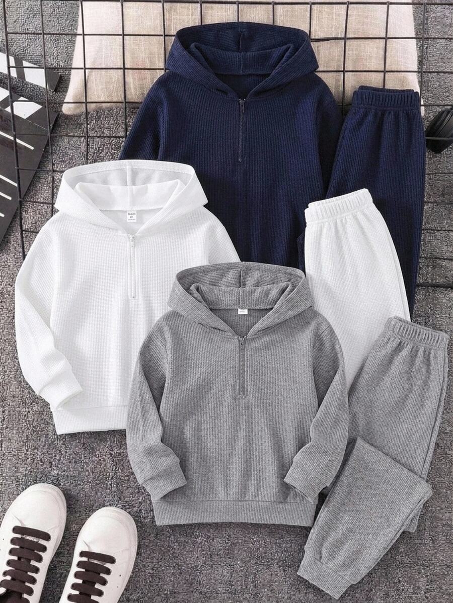 SHEIN 3件組青少年男孩休閒兒童簡約低調華夫格布料長袖連帽半拉鍊秋季運動衫,校園運動風,海軍藍、白色、灰色 - 彩色 - 查看 1