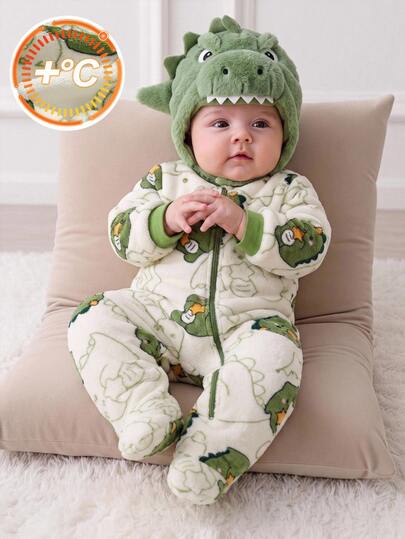 SHEIN Newborn Baby Boy Cute Cartoon Dinosaur Pattern Long Sleeve One-Piece Jumpsuit Casual Versatile Thermal Lined Thick For Autumn/Winter